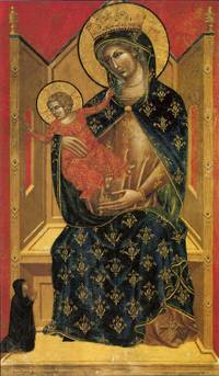pittore veneziano, madonna con bambino e donatrice, tempera su tavola, sec. xiv. arbe/rab, museo della cattedrale.