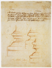 michelangelo buonarroti (caprese 1475-roma 1564), basi di pilastro per la sagrestia nuova, con scritte autografe, matita rossa, penna mm 283x214. firenze, casa buonarroti , inv. 10 a